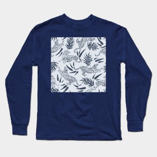 Tigers and Bamboo Leaves in Blue Long Sleeve T-Shirt